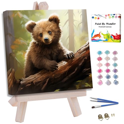 JUJUHOOD Cute Bear Framed Paint by Numbers Kit for Adults Beginner & Kids Ages 8-12,Animal Paint by Number Without Easel, Acylic Paint by Numbers for Gift Home Wall Decor 10x10Inch - color: ZXT-282-F
