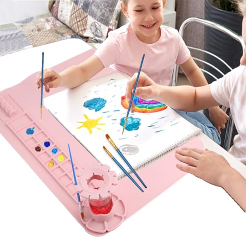 Silicone Craft Mat,20"x 16" Painting mat Palette for Resin Casting Mold Mat, Nonstick Craft Sheet with Removable Cleaning Water Cup for Painting, Clay, Art, DIY Projects (Pink) - color: Pink