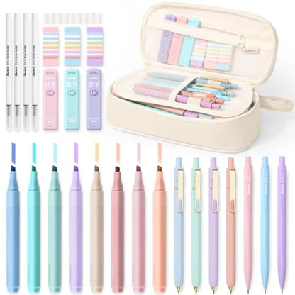SUNEE Pencil Case with Supplies, 35PCS Aesthetic Stationery Set with Pastel Highlighters, Black Gel Pens, Mechanical Pencils & Refills, College School Supplies for Students Girls Beige - color: Beige, style: 35 Pack