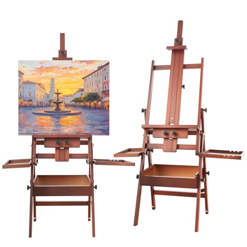 Horizontal Beechwood Studio Easel with Drawer and Palettes, Walnut | H-Frame Solid Wooden Painting Easel for Students, Beginners, and Artists, Hold Canvas to 50Inches High - style: Horizontal Walnut