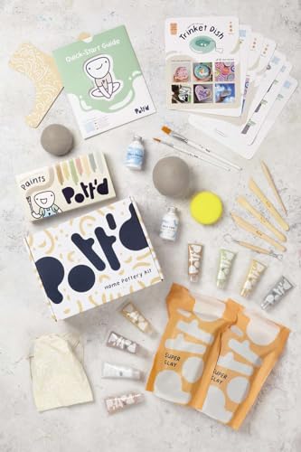 Pott'd Pottery Kit, Air Dry Clay Kit for Adults & Beginners | At Home Pottery Making Kit with Air Dry Clay, Tools, Paints, Brushes, Sealant and Step-by-Step Guide - style: Minimalist Paints