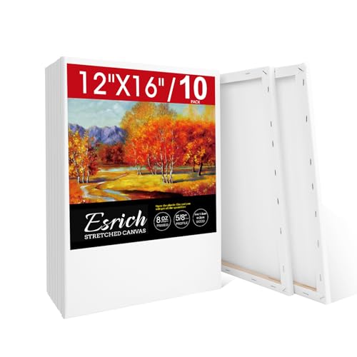 ESRICH Stretched Canvas for Painting 12x16 Inch, 10 Pack Blank Canvas -5/8 in Profile Primed Cotton White Canvases for Painting for Oil & Acrylic Paint - size: 12x16in-10Pack