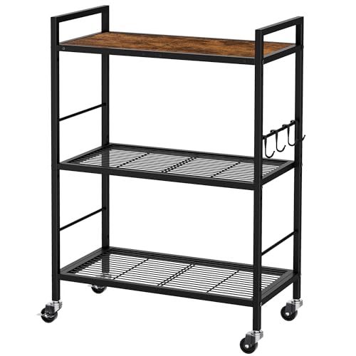 3-Tier Metal Storage Rack with Industrial Wheels,Mesh Shelving Unit with Wooden Table top,Adjustable Shelf,23.6-Inch Width,for Kitchen,Laundry,Pantry,Plant,Black - color: Brown Panel, size: 3 Tier (23.6"W x 11.8"D)