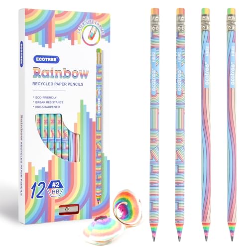 ECOTREE Pre-Sharpened Rainbow Pencils #2, Back to School Supplies, 12 Count