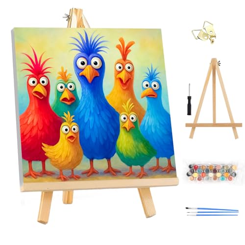 EOBROMD Framed Paint by Numbers Kits for Adults - Wooden Easel, Chicken DIY Kits Crafts for Beginner, Painting on Stretched Canvas, Oil Paint by Numbers for Home Decor Gift 10x10 Inch - color: LG012