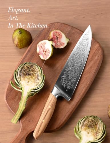 Chef Kitchen Knife 8", Embossed Botanical Blade, Olive Wood Handle | Created in collaboration with a German designer. Includes leather sheath and gift box for elegant presentation