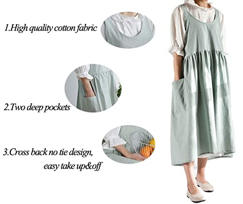 Women Girls Cross Back Apron Gardening Works Cotton Aprons Pinafore Dress - color: Green
