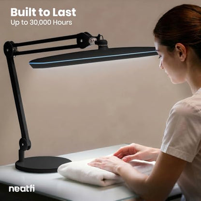 Neatfi XL 2,200 Lumens 20W LED Task Lamp – 23” Ultra-Wide Head | 182 SMD LEDs | 4 Brightness Levels | 3 Light Modes | Eye-Caring, Glare-Free | Adjustable Arm (Black, CCT with Clamp) - color: Black