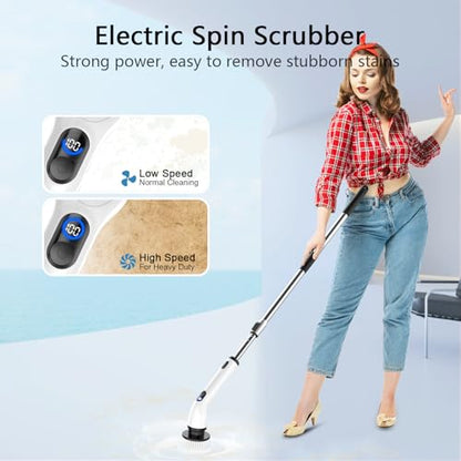 Electric Spin Scrubber,8 Replaceable Brush Heads for Home | IPX7 waterproof power scrubber with LCD display, multi heads, extendable handle, 90min runtime for bathroom kitchen glass car - color: Grey White
