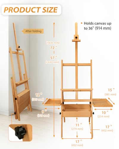 Painting Art Easel with Storage, 57"-72" Height Adjustable Easel Stand | Foldable beech wood easel with drawer trays,H-frame artist easel stand for painting,Wooden floor easel holds canvas up to 36" - color: Natural Wood
