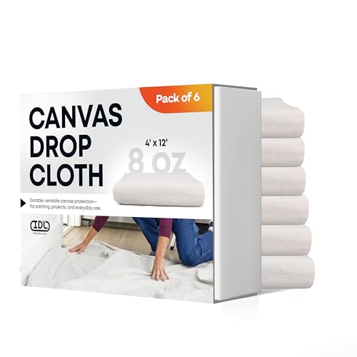 Canvas Drop Cloths 4' x 12', Pack of 6 - Reusable & Eco-Friendly Painters Drop Cloth for Furniture, Surfaces & Floor Protection - 100% Recycled Cotton Canvas Tarp for Home Renovation by IDL Packaging - size: 4' x 12', Pack of 6