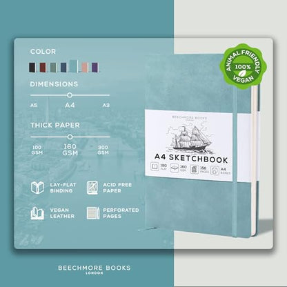 Beechmore Books A4 8.5x11 Mixed Media Sketchbook 160 GSM/98LB with Gift Box - color: Arctic Teal, size: A4 - 8.5" x 11.5" Large