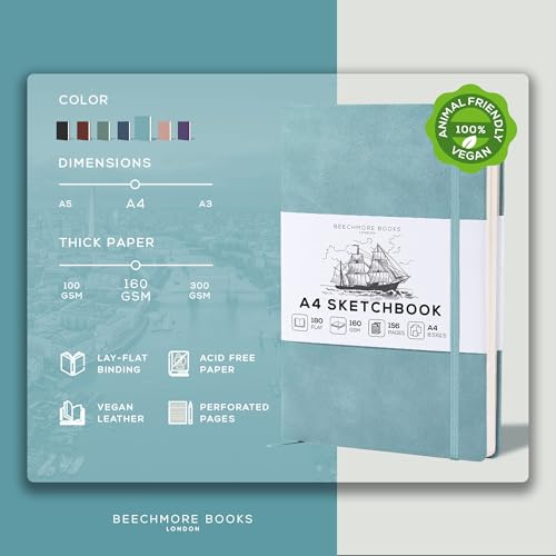 Beechmore Books A4 8.5x11 Mixed Media Sketchbook 160 GSM/98LB with Gift Box - color: Arctic Teal, size: A4 - 8.5" x 11.5" Large