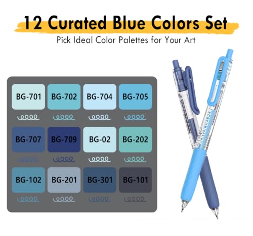 Acrylic Gel Pens for Coloring, 12 Blue Colors Set | 0.7mm Tip , Retractable Colored Pens, Perfect for Coloring, Writing, Drawing, Journaling, Note Taking, Black & White Paper - color: Blue