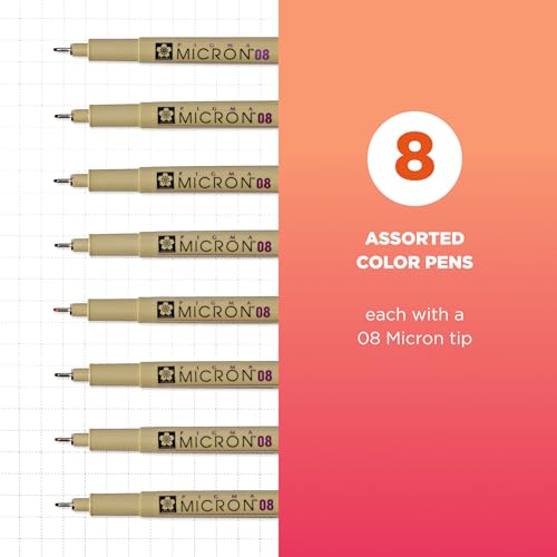 SAKURA Pigma Micron Fineliner Pens, Assorted Colors, 08 Tip, 8 Count | Color Pen Set for Drawing, Illustration, and Journaling, Archival Colored Ink, Waterproof and Fade-Resistant - style: 08 Tip (Pack of 1)