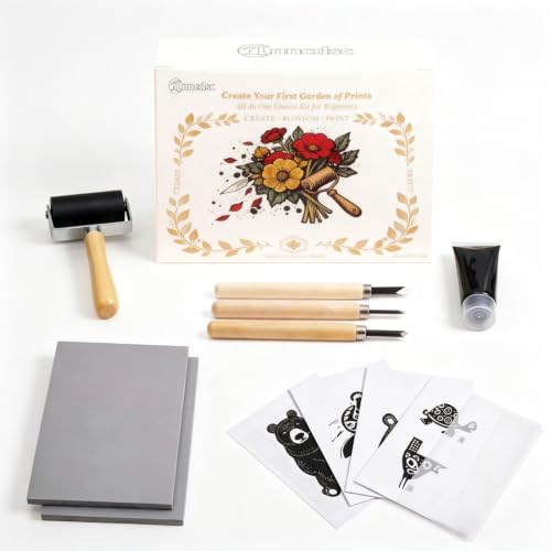 Lnncdsc Linocut Kit with Linoleum Blocks and Carving Tools for Printmaking | Includes easy-carve linoleum blocks and multi-size carving cutters; complete printmaking supplies for beginners, artists