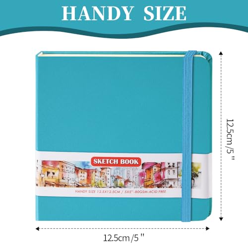 5x5 Pocket Sketch Book,80gsm Hardcover Art Sketchbook for Drawing Journal | PU Cover,Blank Paper,96Sheets/192Pages,Lay-Flat,Portable Travel Creation Paint Diary Memo Planner,Dry Media.Lake Blue - color: PU Cover-5x5in-Lake Blue