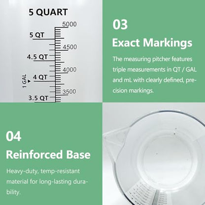 1 Gallon / 5 Quart / 5000 ml Large Plastic Measuring Pitcher with Handle, Clear Heavy Duty Mixing Pitcher with mL/QT/GAL Markings for Garden, Pool Chemicals, Motor Oil & Kitchen - size: 160 fl oz