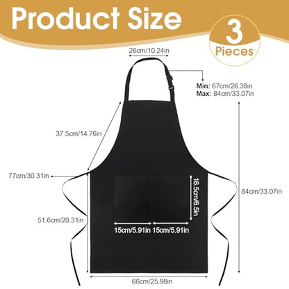 3 Pack Black Aprons with Pockets Adjustable Waterproof for Kitchen