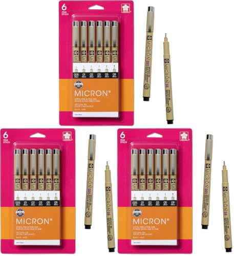 SAKURA Pigma Micron Fineliner Pens - Archival Black Ink Pens - Pens for Writing, Drawing, or Journaling - Assorted Point Sizes - 18 Pack - size: 6 Count (Pack of 3)