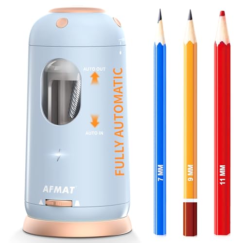 AFMAT Electric Pencil Sharpener, Auto in & Out, Fully Automatic Pencil Sharpener, Rechargeable Hands-Free Sharpeners for Jumbo & Colored Pencils (7-11.5mm), Good for Classroom/Home PSC8(Light Blue) - color: Light Blue