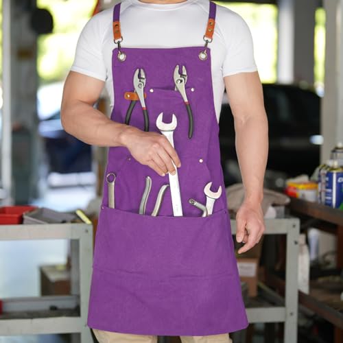 Aoomzoon Canvas Aprons for Men Chef Apron, Work Apron with Large Pockets - 16oz Heavy Duty Cross Back, BBQ, Cooking - color: Purple