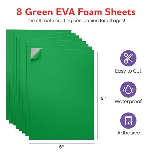 Self-Adhesive EVA Foam Sheets for Crafts – 2mm Thickness 8 Green Sheets, 6 x 9 Inch, Peel & Stick Foam Paper for DIY, Scrapbooking & Kids’ Art. - color: Green - 8 Pack
