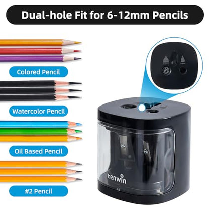 tenwin Electric Pencil Sharpener, Dual-Hole Fit for 6-12mm Pencils - color: Black