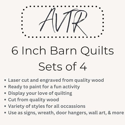 4 Mini Barn Quilt Kits, 6 Inch | Butterfly, Patch Star, Dresden, Starburst | Four 6-inch unfinished quilt blocks with laser-scored designs for painting, craft parties, gifts and a 12-inch wall collage. - size: 6 inches (set of 4), style: Butterfly, Patchw