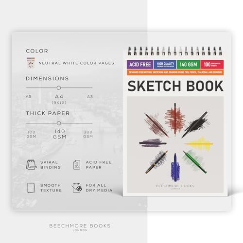 Beechmore Books 9x12 Top Spiral Sketchbook 140 GSM 100 Perforated Pages | Acid-Free White Paper, Artist Sketch Pad & Drawing Notebook, Art Supplies for Adults, Artists, Students & Teens - size: A4 (9" x 12")