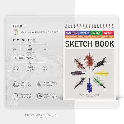 Beechmore Books 9x12 Top Spiral Sketchbook 140 GSM 100 Perforated Pages | Acid-Free White Paper, Artist Sketch Pad & Drawing Notebook, Art Supplies for Adults, Artists, Students & Teens - size: A4 (9" x 12")