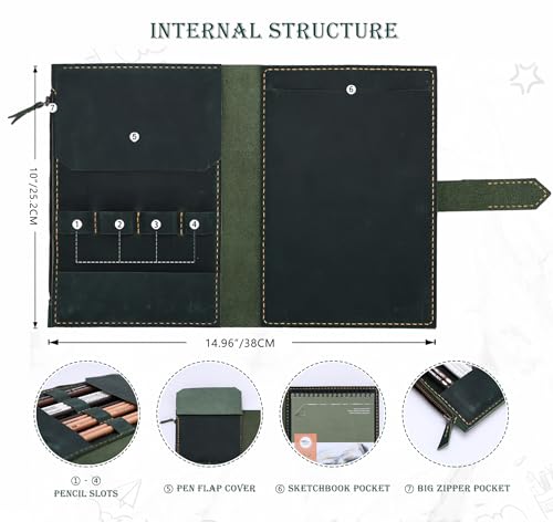 Fasjosma Leather Sketchbook Cover for A5/5.5"x8.5" Top Spiral Bound Sketch Pads - Handmade Genuine Leather Artist Case with Pencil Holder & Zipper Pocket, Professional Drawing Supplies - color: Green, size: 5.5" x 8.5"