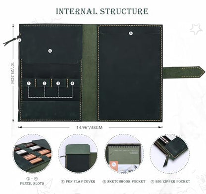 Fasjosma Leather Sketchbook Cover for A5/5.5"x8.5" Top Spiral Bound Sketch Pads - Handmade Genuine Leather Artist Case with Pencil Holder & Zipper Pocket, Professional Drawing Supplies - color: Green, size: 5.5" x 8.5"