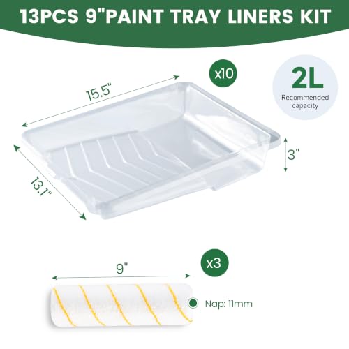 VOOMEY 13PCS 9 Inch Paint Roller Refill Pack, Microfiber Covers & Liners - style: 10 pcs paint tray liners&3 paint roller