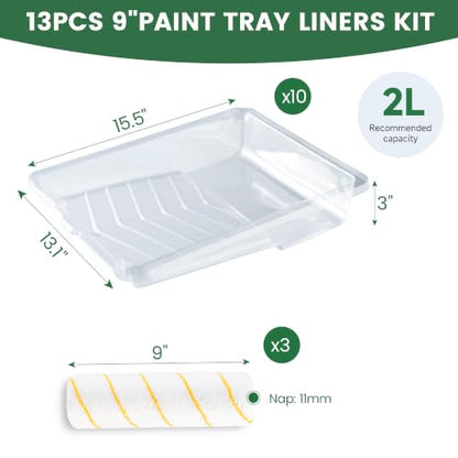 VOOMEY 13PCS 9 Inch Paint Roller Refill Pack, Microfiber Covers & Liners - style: 10 pcs paint tray liners&3 paint roller