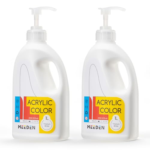 MEEDEN 2-Pack Titanium White Acrylic Paint: 1 L /33.8 oz Satin Liquid Paint with Pump Lid - Soft Body Art Paints for Canvas, Studio, School, Wall & Poured Paintings - color: Titanium White - 2pack