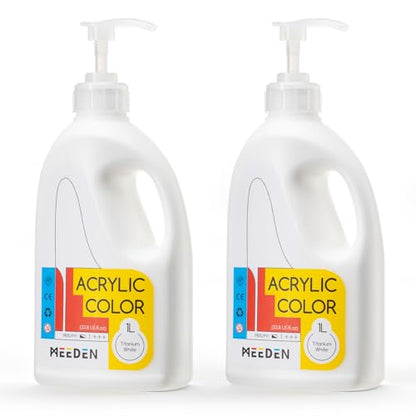 MEEDEN 2-Pack Titanium White Acrylic Paint: 1 L /33.8 oz Satin Liquid Paint with Pump Lid - Soft Body Art Paints for Canvas, Studio, School, Wall & Poured Paintings - color: Titanium White - 2pack