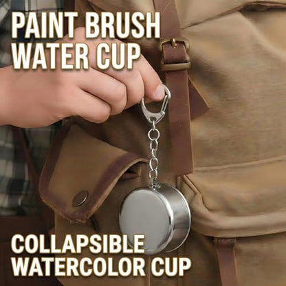 304 Stainless Steel Collapsible Paint Brush Washer- Portable Watercolor Water Cup with Keychain, Solvent Safe Metal Foldable Painting Cup for Travel, Plein Air, Oil & Acrylic Art Supplies (2)