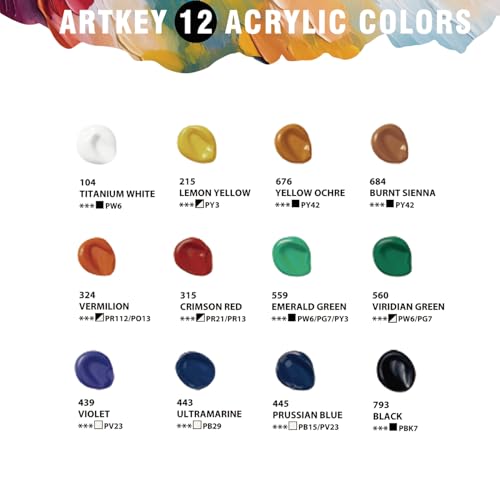 Artkey Acrylic Paint Set - 12 Vibrant Colors (12 ml/0.4 oz) Tubes, Rich & Professional Grade Pigments, Acrylic Paints for Canvas Wood Rock Clay Fabric Ceramics Art Crafts Painting - Art Supplies