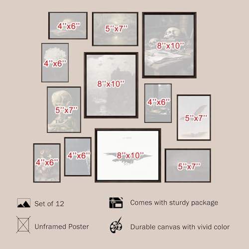 KBKBART Dark Academia Wall Art Unframed, 12pcs Gothic Prints for Wall Decor | Canvas Prints, for Living Room Bedroom Bathroom, Dark Moody Victorian Halloween Gothic Art, 3 pcs 8x10, 4 pcs 5x7, 5 pcs 4x6 - color: Dark Academia Decorations