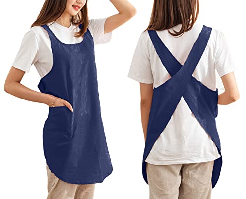 Cotton Cross Back Aprons Solid Color Cooking Kitchen Garden Smock for Women Girls with Pockets - color: Navy Blue