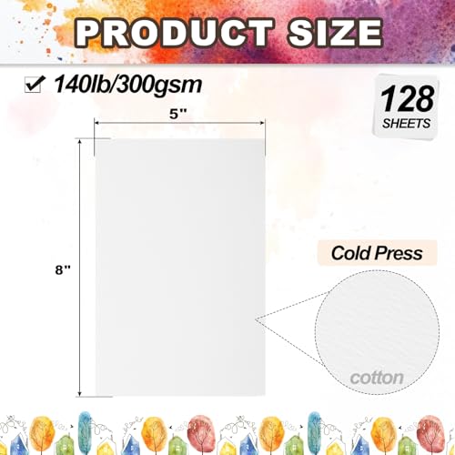 PATIKIL 128 Sheets Cotton Watercolor Paper 140lb/300 GSM Cold Press Water Coloring Paint Paper for Art Painting Watercolor Drawing Artist, 5x8 Inch - size: 5x8 Inch