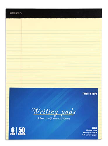 Mintra Office Canary Legal Pads - With Micro-perforated sheets, Smooth-lined paper, Ideal for Office Tasks, Assignments or Notes, Meetings, and Journaling, 6 pack Narrow Ruled, Basic Pad, 8.5"x11" - color: Canary - Basic Pad, size: Narrow
