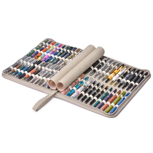 erofa 48 Slots Fountain Pen Case, Beige Water Resistant Canvas Pen Holder Display Pouch Storage Large Capacity Bag - color: Beige-Canvas