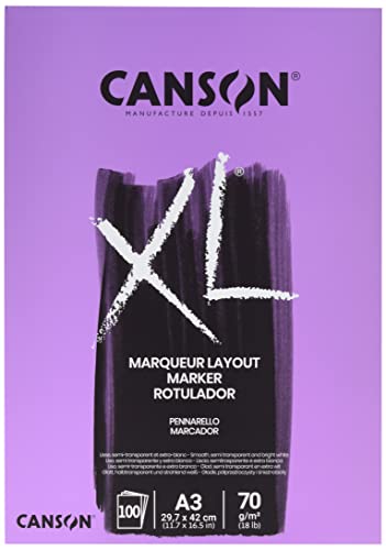 CANSON XL Marker 70gsm A3 Paper Very Smooth 100 Extra White Sheets | Pad Glued Short Side, For Professional Artists, Students & Illustrators