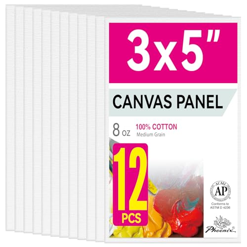 PHOENIX Small Painting Canvas Panels 3x5 Inch, 12 Value Pack - 8 Oz Triple Primed 100% Cotton Acid Free Canvas Boards for Painting, White Blank Flat Canvas Boards for Acrylic, Oil Paints - color: White, size: 3" x 5"