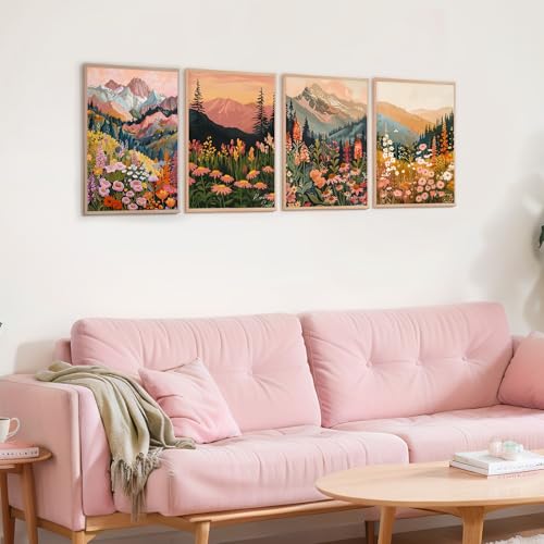 Yeaqee 4 Pcs Diamond Art Kits for Adults Gem Painting Kit DIY Jewel Diamond Art for Beginners Aesthetic Room Crafts Cute Flower Mountain Painting Pictures 5d Craft Wall Decor for Home 10 x 11.8'' - style: Flower Mountain