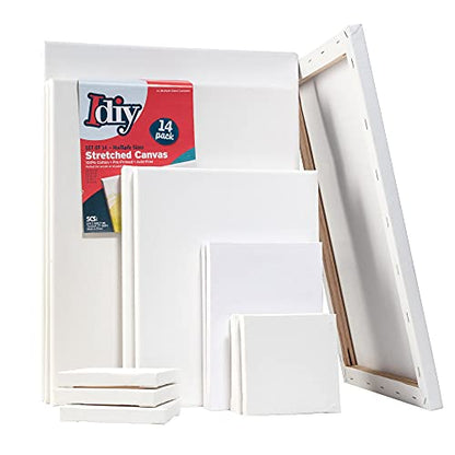 iDIY Stretched Canvas Board Multi Pack (Set of 14) - Sizes 4 x 4-12 x 16, 5/8" Variety Pack - Classic White Blank, Pre Primed for Oils or Acrylics, 100% Cotton, Acid Free - Professional Grade - size: Multi (set of 14)