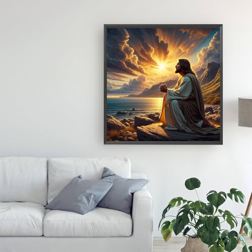 YQFCZDQ Jesus Christ Prayer Diamond Art Kits for Adults,Sunset Landscape 5D Diamond Painting Kits for Beginner,DIY Round Full Drill Diamond Dots Paintings Picture Gem Art&Crafts Home Decor 13.8x13.8in - color: Jesus