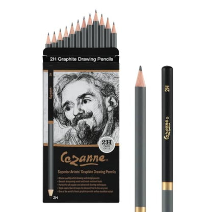 Cezanne Graphite Drawing Pencils Set - 2H, Set of 12 Break-Resistant Graphite Lead, Easy-to-Sharpen Sketch Pencils, Master Artist Quality Graphite Pencils for Technical and Artistic Drawing - color: 2H, size: Set of 12